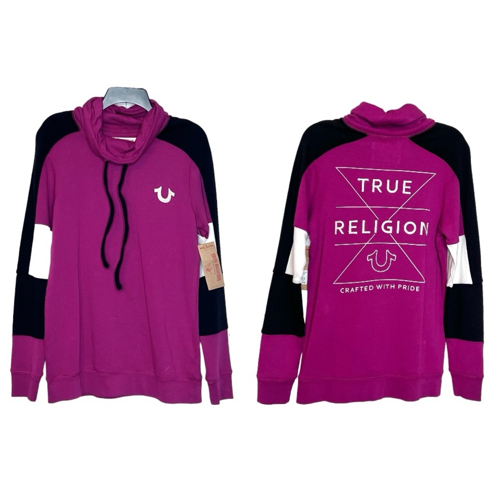 NWT True Religion Zip Cowl Pullover Sweatshirt Pink/black Rhinestone Size Large